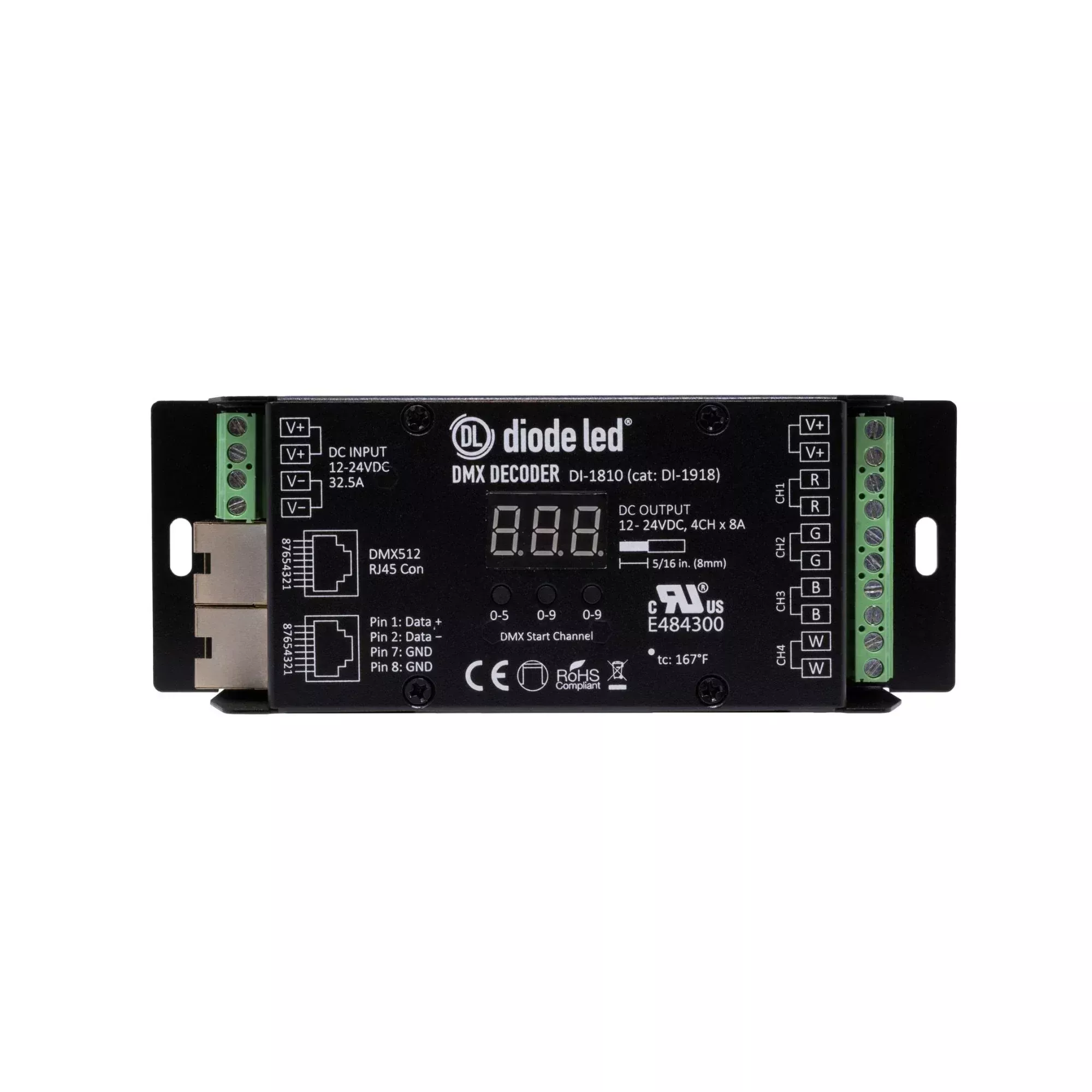 DMX512 4-Channel Decoder with Digital Display, 12V/24VDC, 4CH x 8A