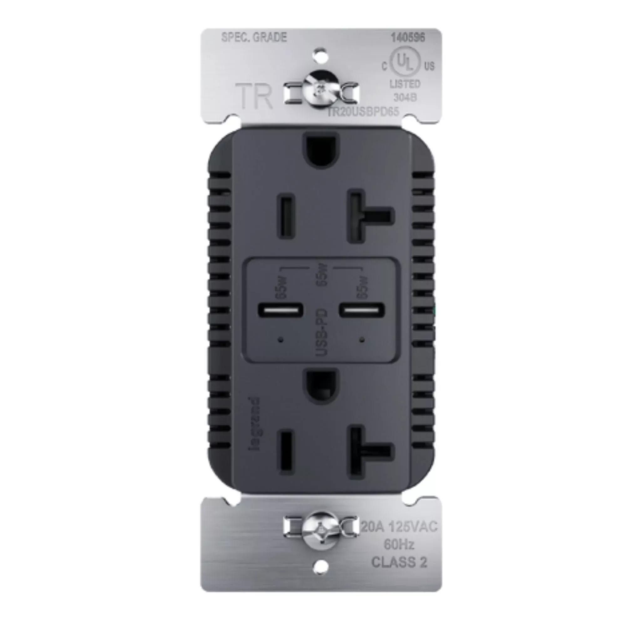 Legrand TR20USBPD65G radiant 20A Tamper-Resistant Commercial 65W USB Type-C Power Delivery Duplex Outlet, Graphite