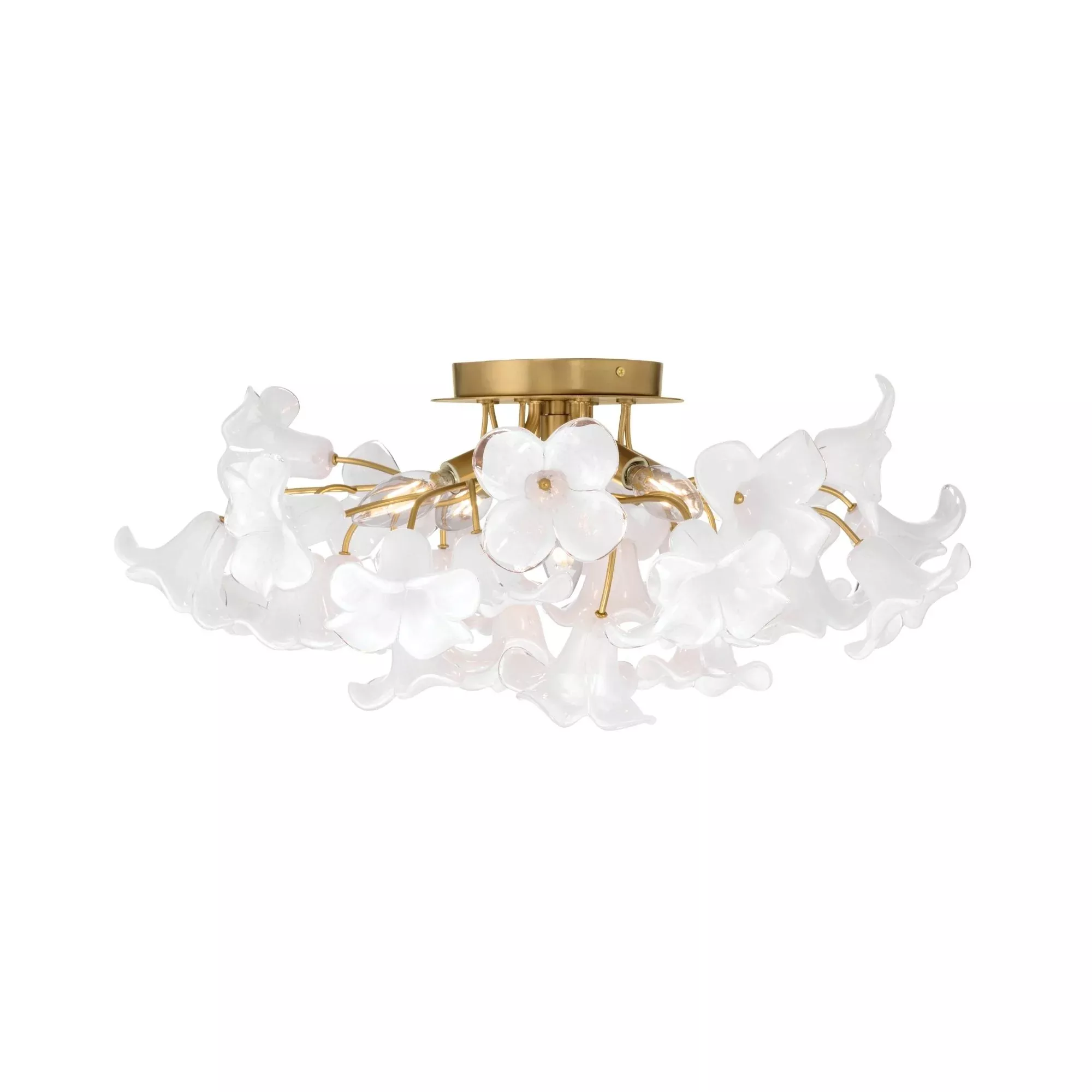 Metropolitan Bloome 25.25 in. 5-Light Semi-Flush Mount, Legacy Brass with White Swirl Glass